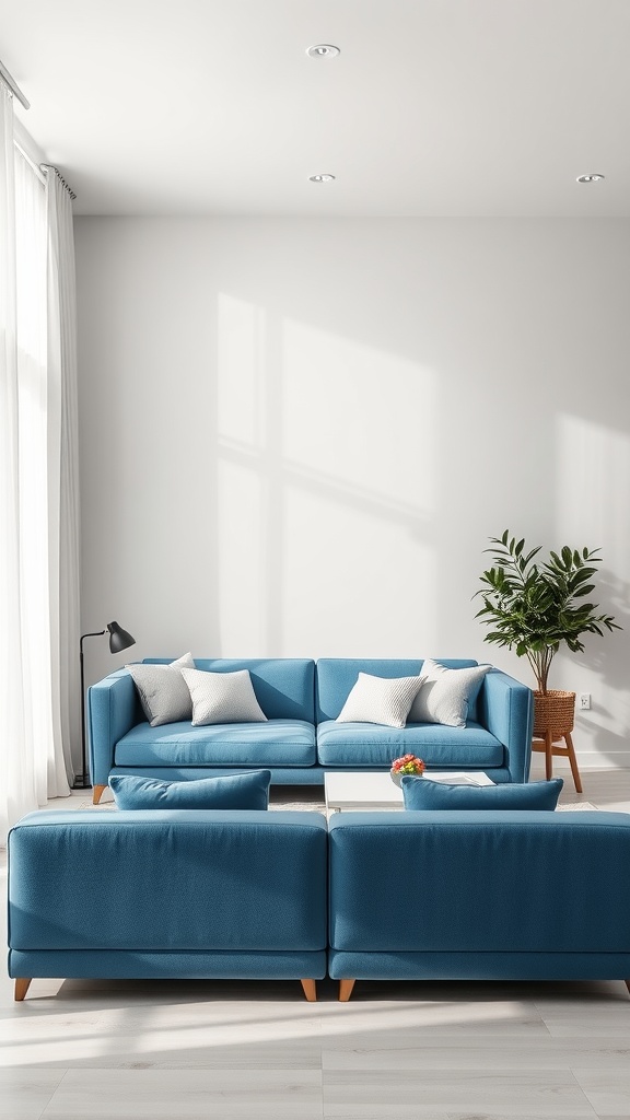 A modern minimalist living room featuring a blue couch, white pillows, a coffee table, and a green plant.