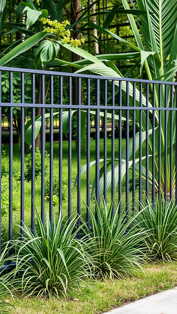 A modern black metal fence with vertical slats, surrounded by green plants and trees.