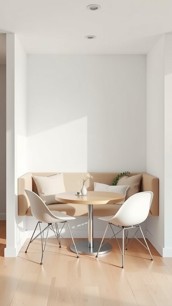 A modern minimalist breakfast nook with a beige built-in bench, circular wooden table, and white chairs.