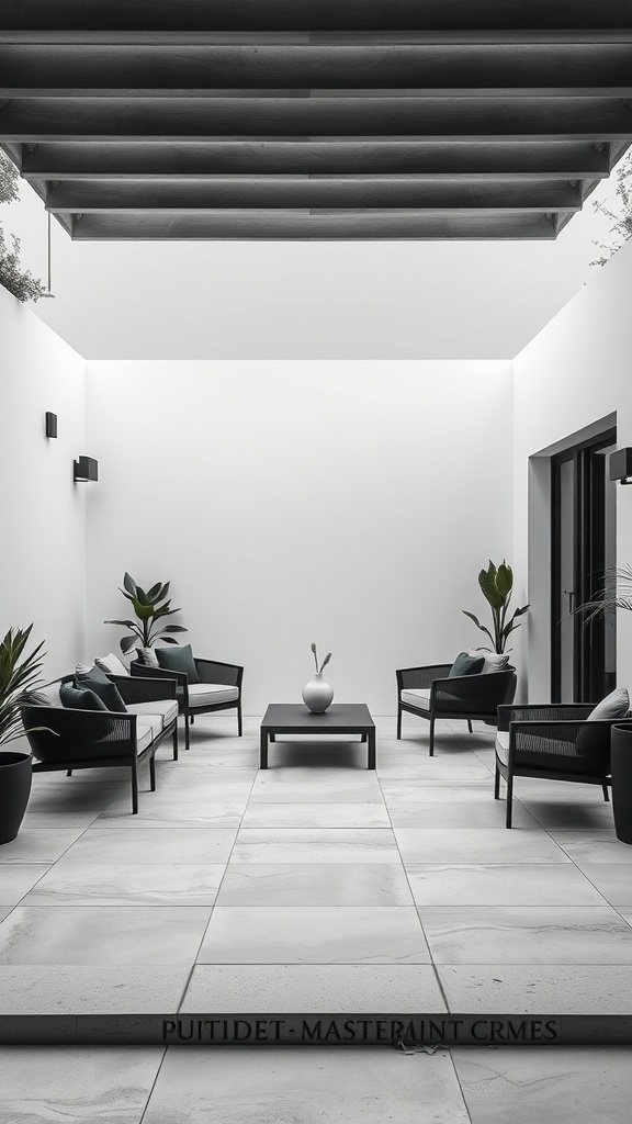 A modern minimalist patio featuring black chairs, a simple coffee table, and potted plants against a white wall.