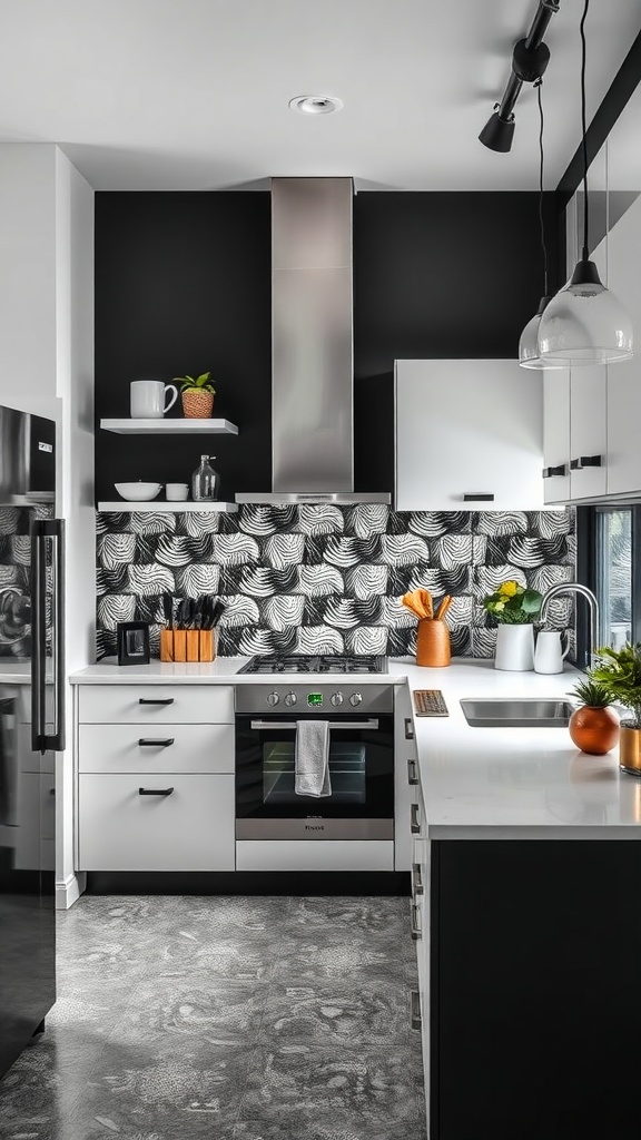 Modern kitchen featuring a black and white color scheme with a patterned backsplash and vibrant plants.