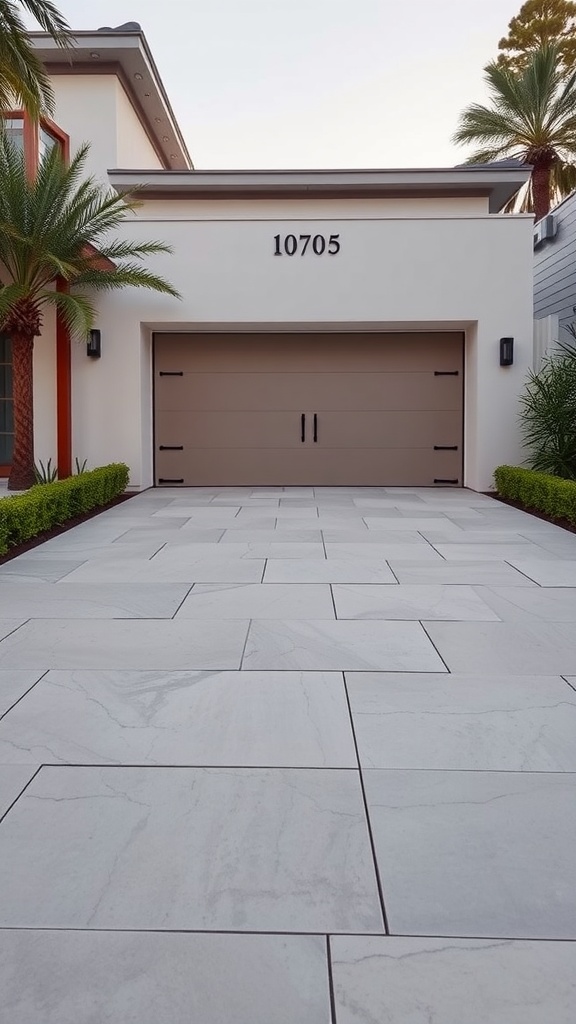 A modern driveway paved with large light-colored porcelain tiles, leading to a contemporary garage entrance.