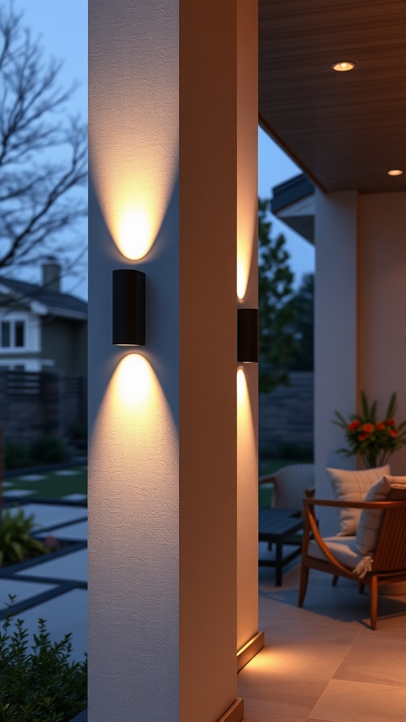 Modern wall sconces illuminating an outdoor area with warm light