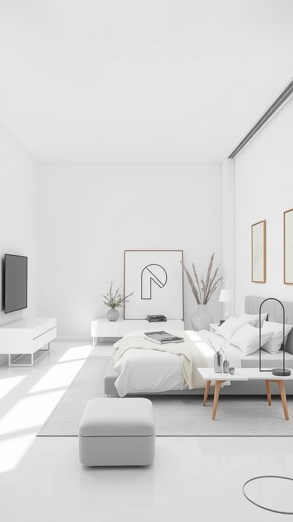 A modern white bedroom featuring sleek lines and minimalist furniture.