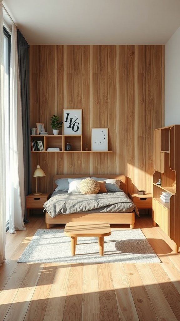 Small bedroom designed for two sisters with modular furniture, featuring a bed, shelving unit, and small table.