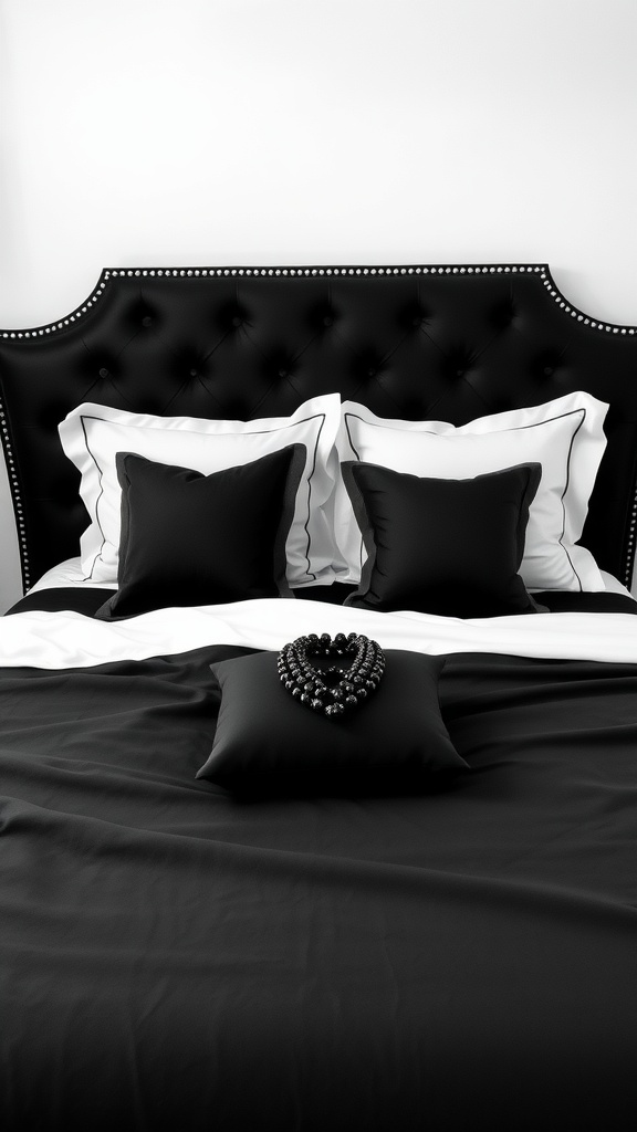 Elegant black and white bedding arrangement with tufted headboard and decorative pillows.