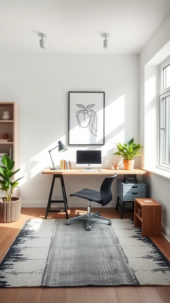 A stylish home office featuring a monochromatic color scheme with a textured rug and natural plants.