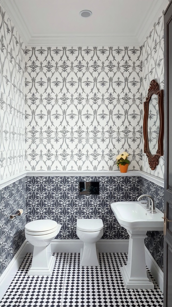 A bathroom with monochrome patterned wallpaper featuring floral designs, complemented by dark wallpaper below and a checkered floor.