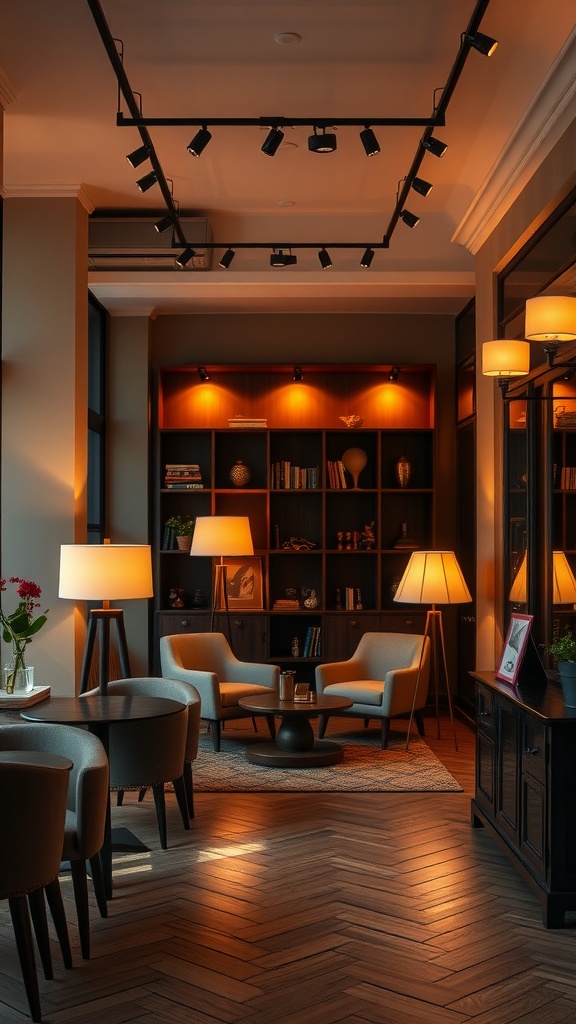 A cozy interior with warm lighting, comfortable seating, and a bookshelf, creating an inviting atmosphere.