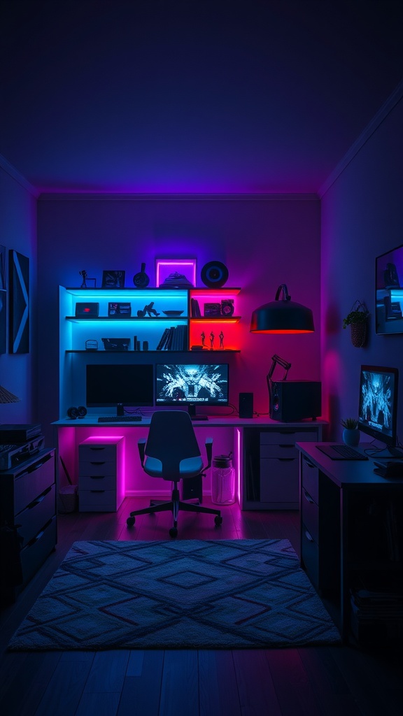 A gaming setup featuring mood lighting with LED strips in shades of blue, pink, and purple.