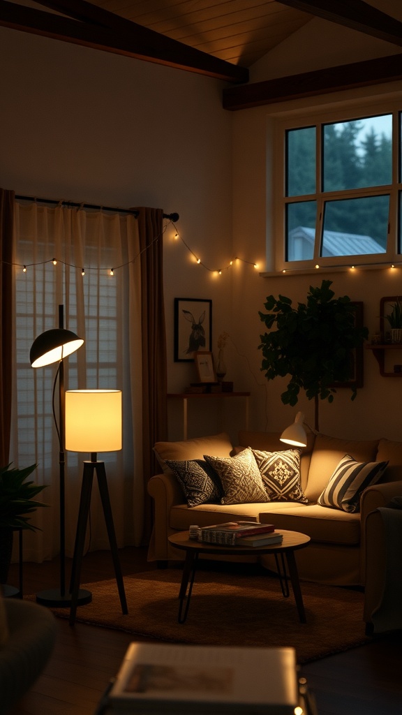 A cozy living room with warm mood lighting, featuring a sofa, floor lamps, and string lights.