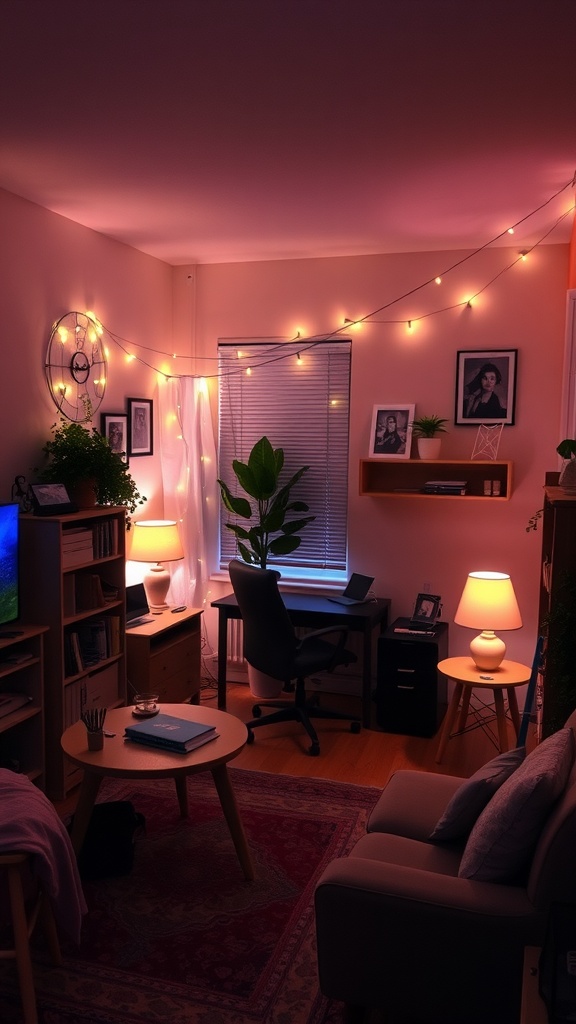 A cozy dorm living room with mood lighting, featuring string lights, table lamps, and a desk with a plant.