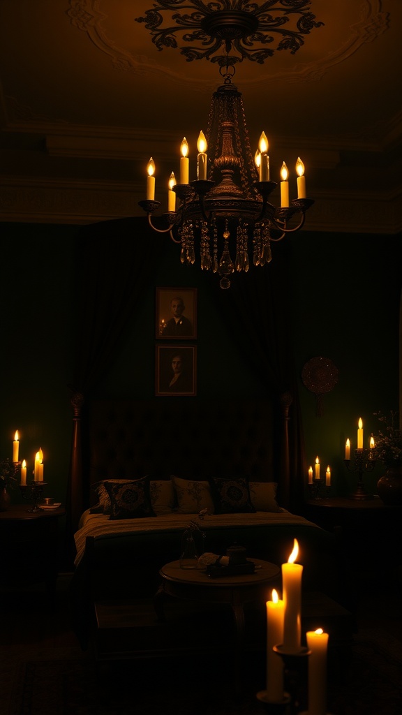 A gothic bedroom with a chandelier and candles creating a warm, moody atmosphere.