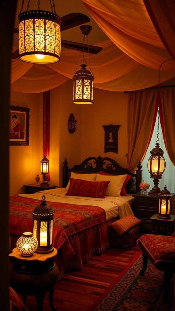 A cozy Indian bedroom decorated with hanging lanterns, showcasing warm lighting and rich textiles.