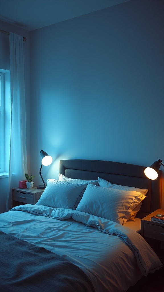 A cozy bedroom with soft blue lighting from smart LED bulbs, featuring a neatly made bed and modern bedside lamps.