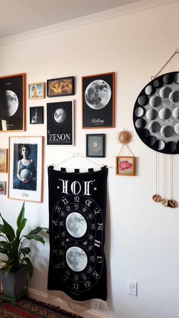 A cozy bedroom wall decorated with moon phase art and astrology-themed frames, featuring a plant in the corner.