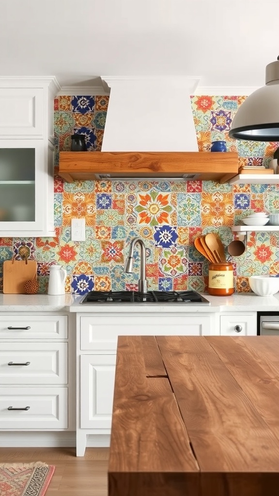 A kitchen featuring a colorful mosaic backsplash with intricate tile patterns, white cabinets, and a wooden shelf.