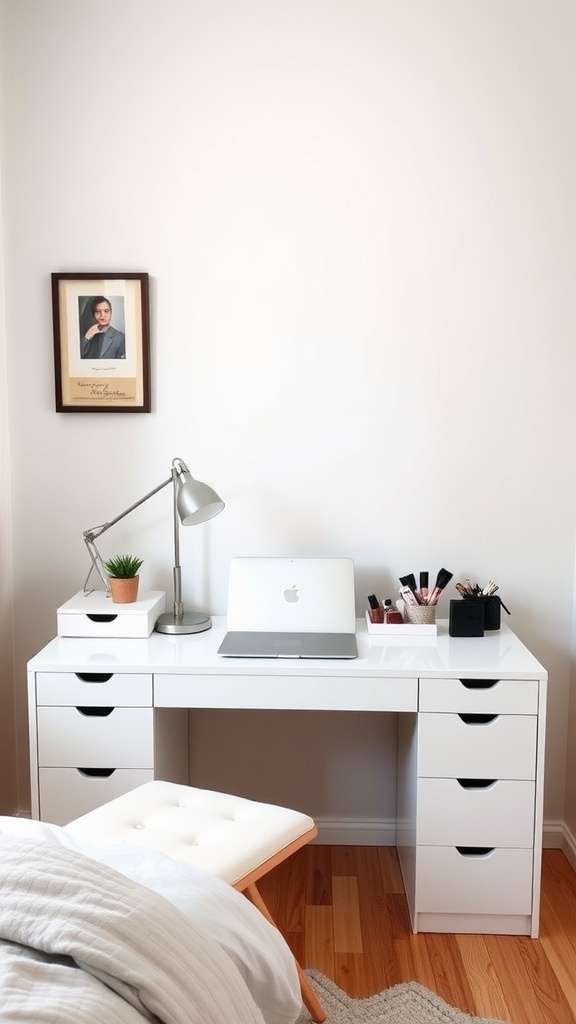 A small bedroom with a white vanity desk, a laptop, and makeup organized in a stylish way.