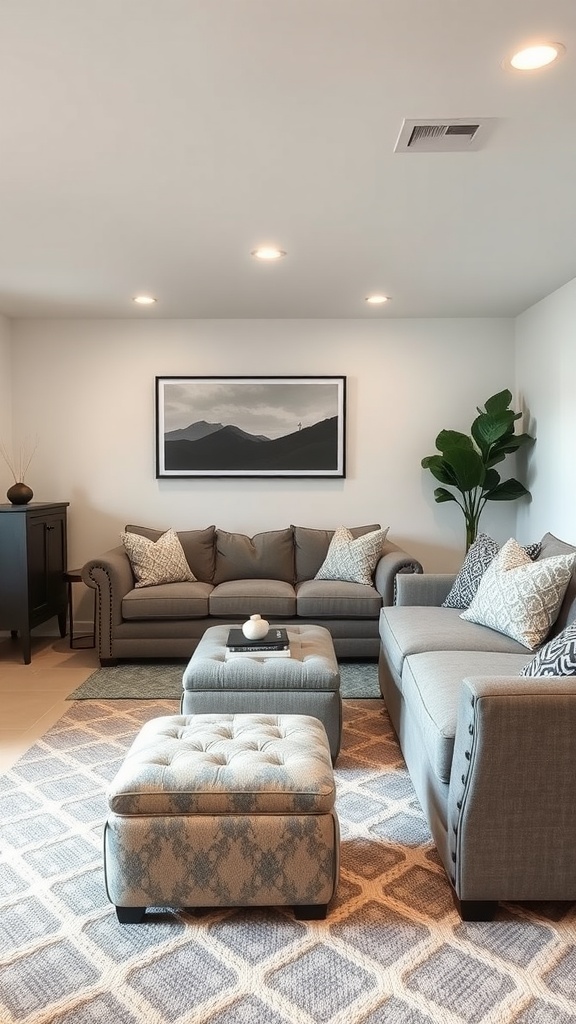 Cozy basement family room with sectional sofas and multi-functional ottoman