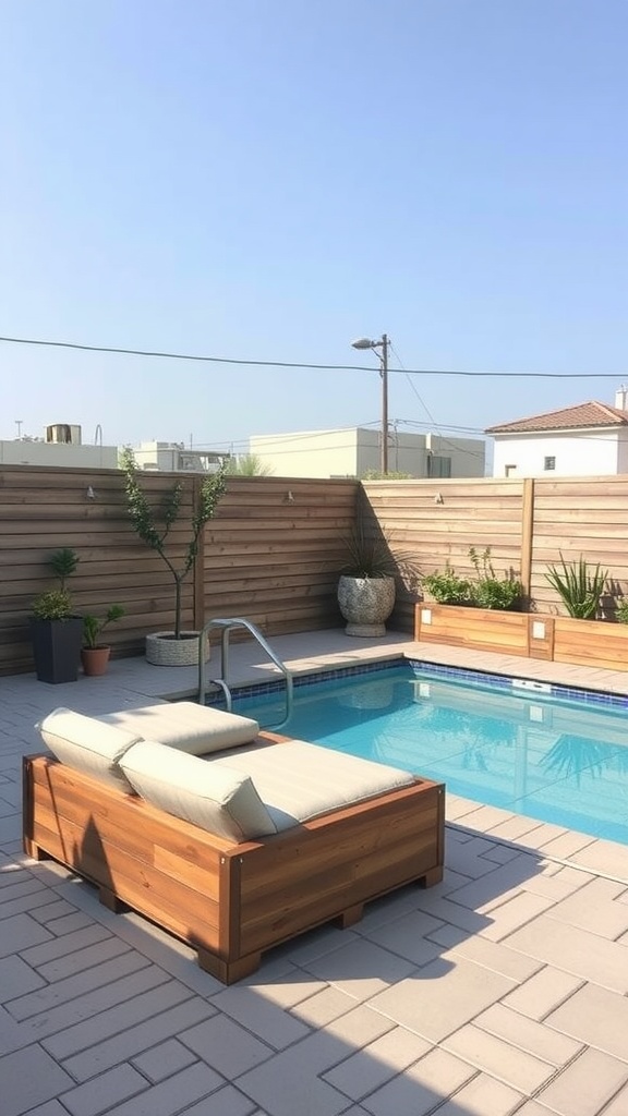 A small wooden lounge chair by a pool with cushions, surrounded by plants and a clean deck.