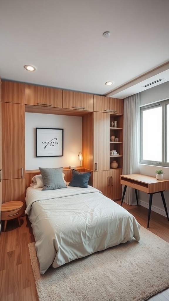 A small bedroom featuring multi-functional furniture, including a compact bed, stylish side table, and a minimal desk.