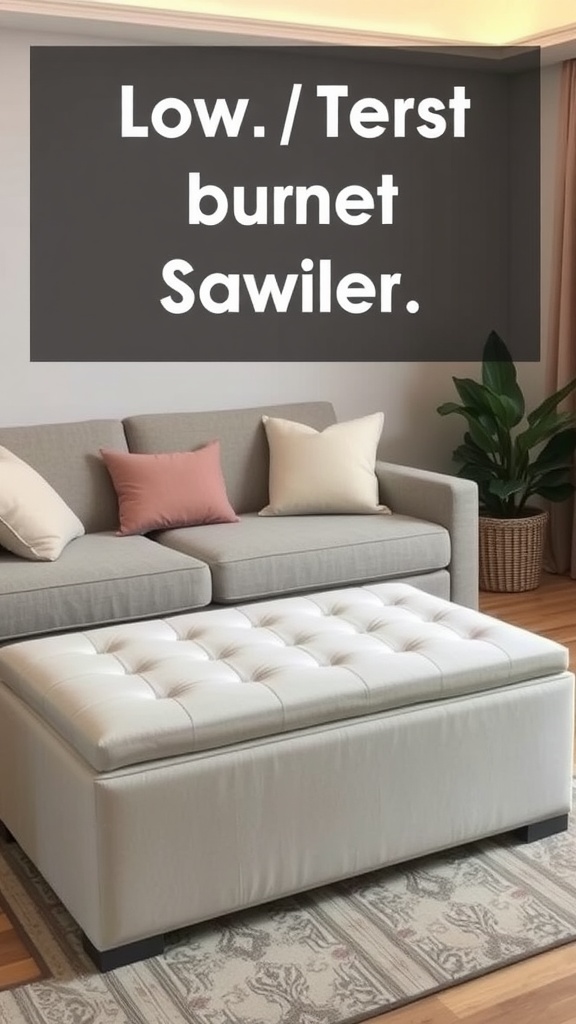 A small living room featuring a gray couch with pink cushions and a white tufted ottoman, enhancing multi-functional furniture solutions.