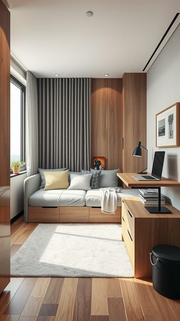 A small, stylish bedroom with a multi-functional sofa, a desk, and a warm wood aesthetic.