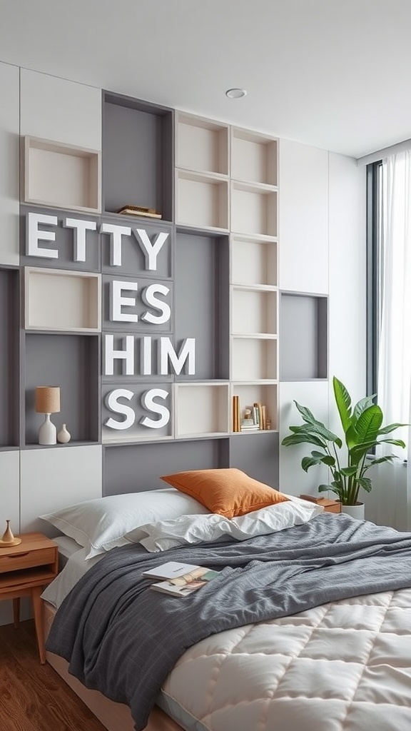 A modern bedroom with 3D wall panels featuring open shelves and decorative items.