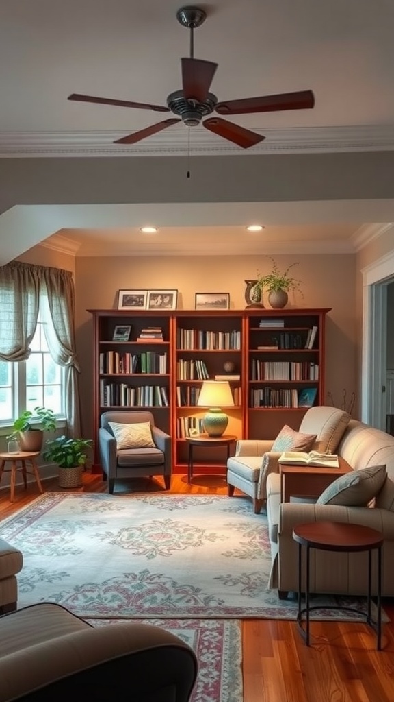 A cozy colonial living room with a bookshelf, comfortable seating, and warm lighting.