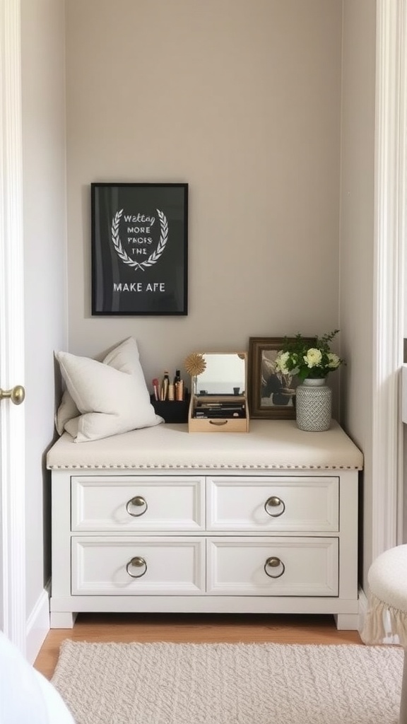 A stylish white storage bench with a cushioned top, two drawers, and decorative items on display.