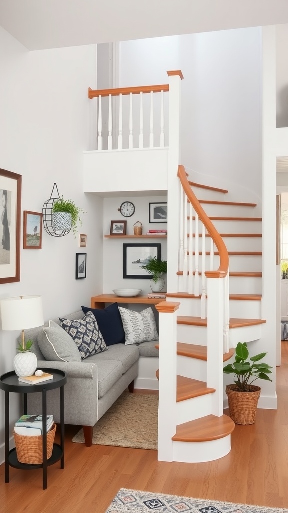 Cozy staircase nook featuring a sofa, side table, and decorative elements