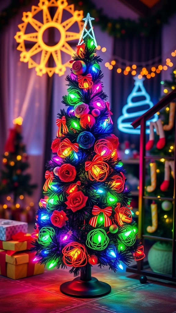 A colorful Christmas tree decorated with multicolor neon lights and various ornaments.