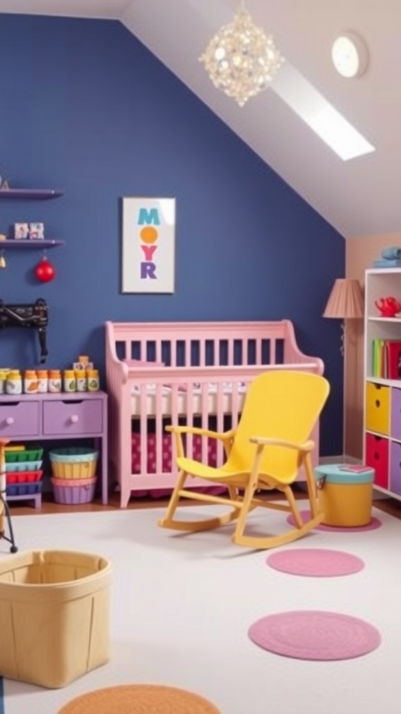 Colorful nursery featuring a pink crib, yellow rocking chair, and multicolored storage bins.