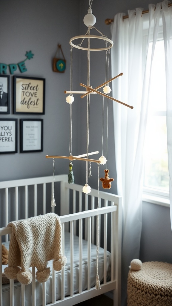 A gender-neutral nursery featuring a mobile above a crib, soft blanket, and woven storage.