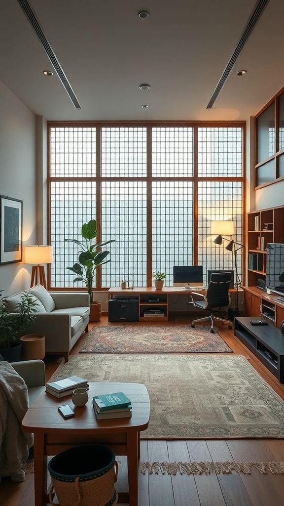 A Japandi style living room featuring large windows, a comfortable sofa, a coffee table with books, and a workspace