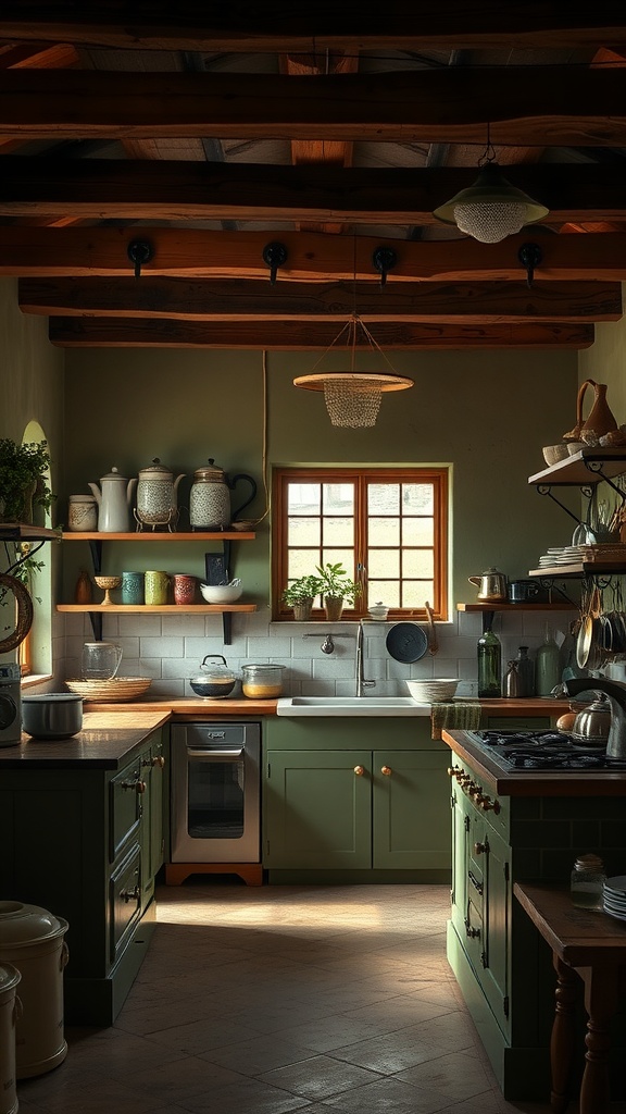 A rustic kitchen with muted olive green cabinets, wooden beams, and natural light.