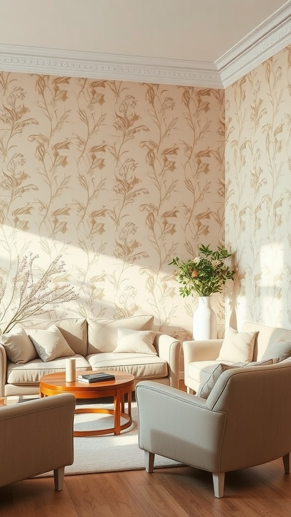 A cozy living room featuring muted tone wallpaper with floral patterns, neutral furniture, and natural light.