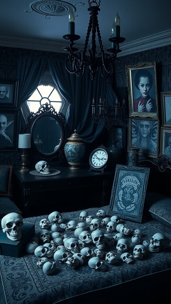 A gothic-inspired bedroom featuring skulls, dark curtains, ornate frames, and a chandelier.