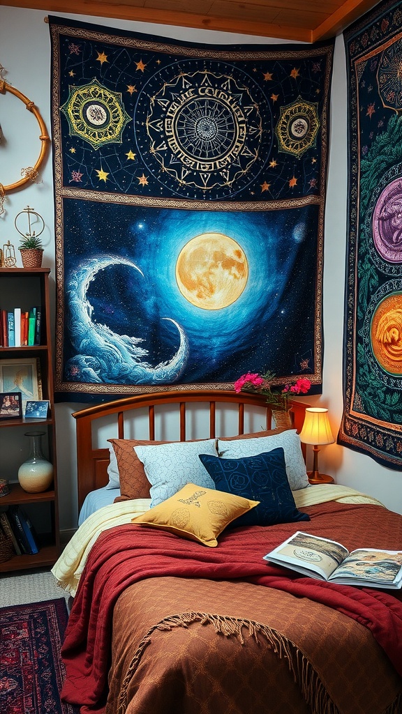 A cozy boho witchy bedroom featuring mystical tapestries and decorative elements.