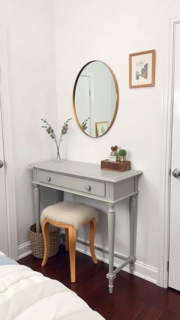 A stylish gray console table with a round mirror and decorative items in a small bedroom corner