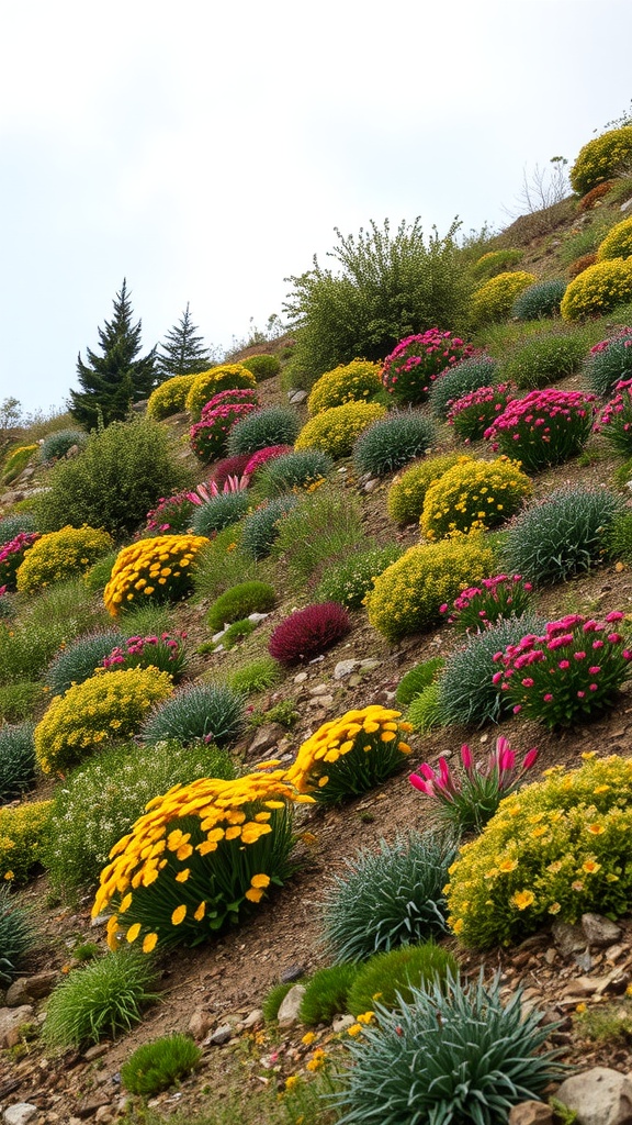 Colorful native plants on a steep hill, featuring yellow and pink flowers with green foliage.