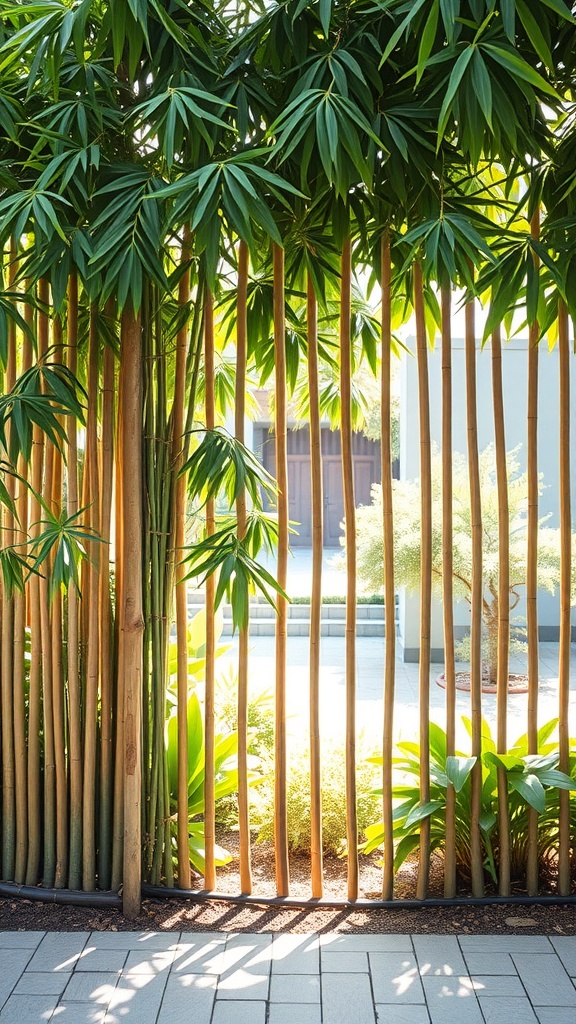 A natural bamboo privacy screen in a garden, showcasing tall bamboo poles with green leaves.