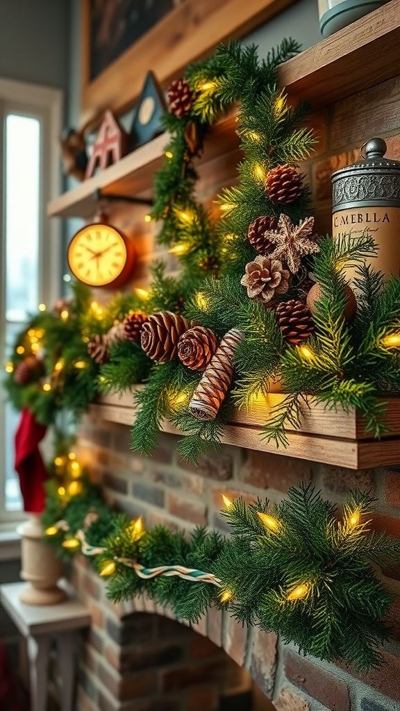 A rustic Christmas mantel decorated with greenery, pinecones, and warm lights.