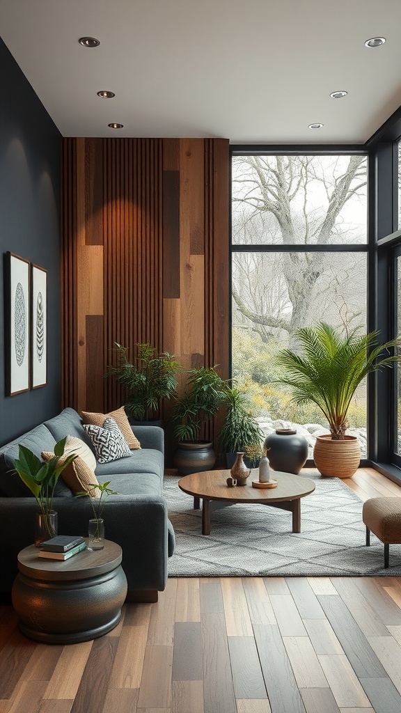 A modern living room featuring black and rust elements, natural wood accents, and abundant greenery.