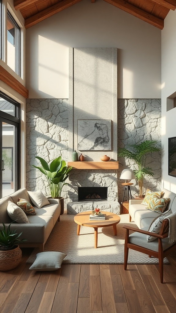 Bright and airy living room featuring natural elements like plants, stone wall, and wooden furniture.