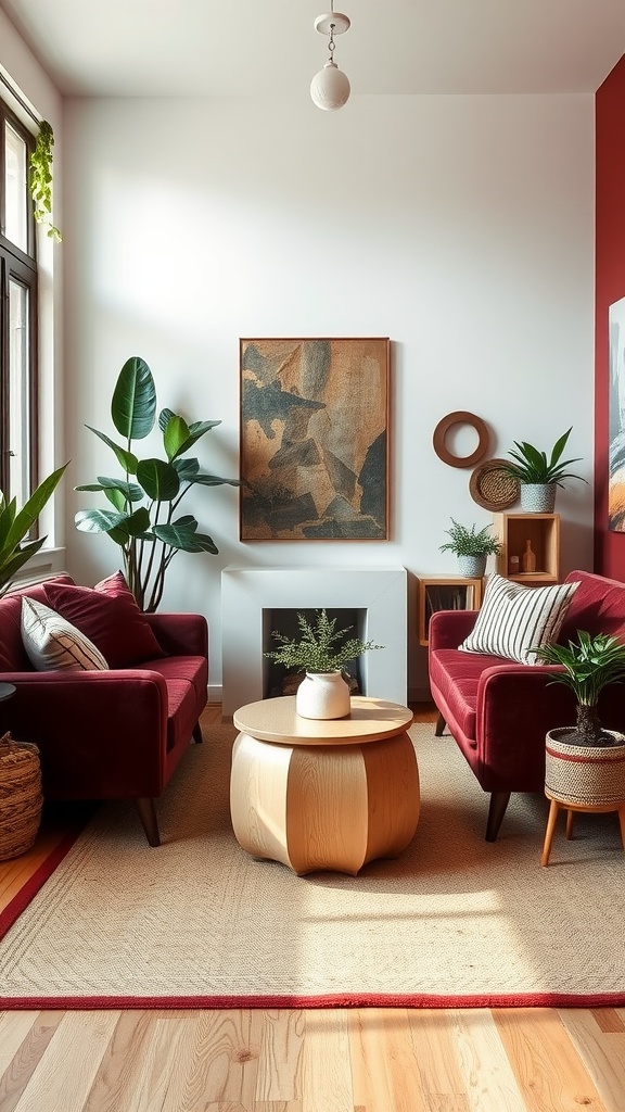 Cozy living room featuring burgundy sofas, natural wood coffee table, and indoor plants.