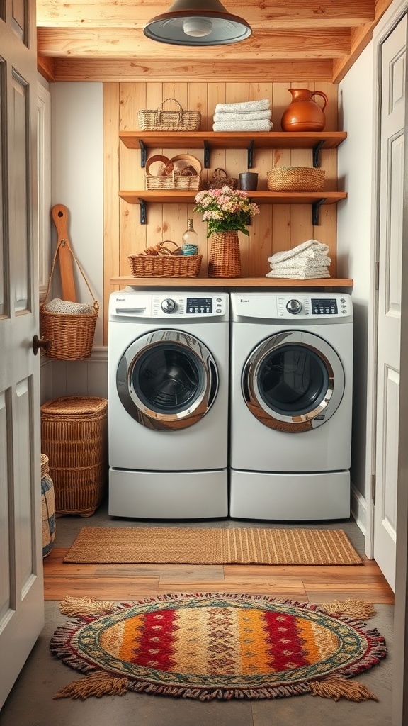 A rustic laundry room with two washing machines, wooden shelves, baskets, and a colorful round natural fiber rug.