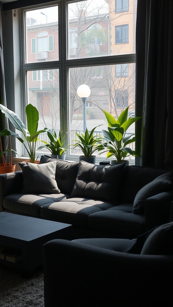 A living room with a dark gray sofa, large windows bringing in natural light, and several green plants.