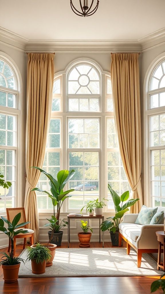 A colonial-style living room with large windows, natural light, and potted plants.