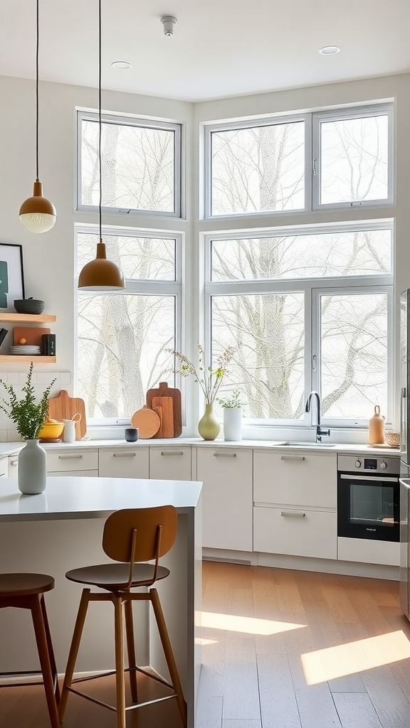 A bright Scandinavian kitchen with large windows, white cabinetry, and wooden accents